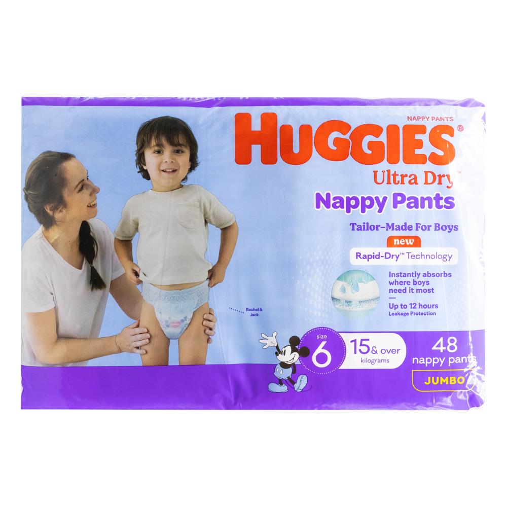 Huggies Nappy Pants Ultra Dry Boys Size 6 15kg+ 48 Pack (2 Pack, 96 Pants)