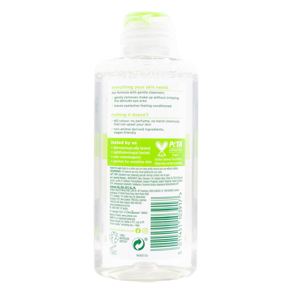 SIMPLE 125mL EYE MAKE UP REMOVER TRIPLE PURIFIED WATER AND PRO VITAMINS B5 AND E (6x Pack)