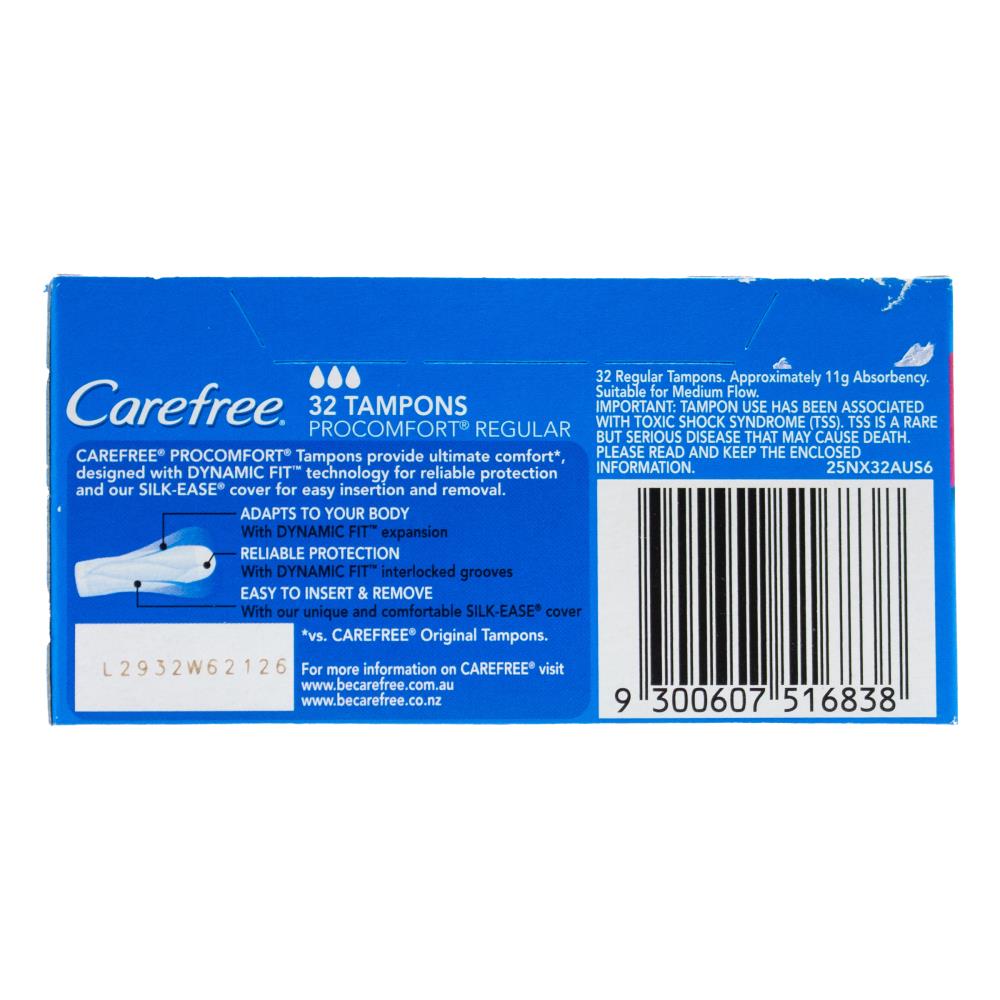 Carefree 32 Pack Regular Tampons Pro Comfort Dynamic Fit (12 Pack)