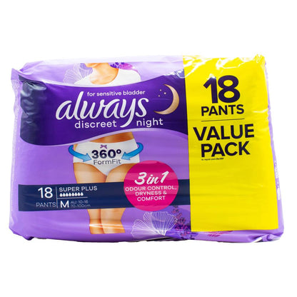 Always Pants Discreet Night for Sensitive Bladder Super Plus M 10-16 70-100cm 2 X 18pk (Value Pack 36)