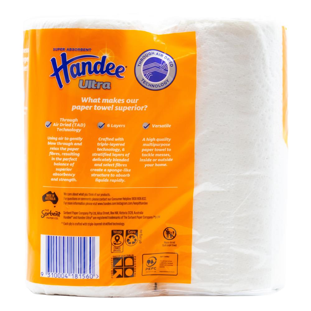 Handee Ultra Paper Towel White 60 Sheets Per Roll 22.5cm X 20.5cm 6 x 2Pk (12 Pack)