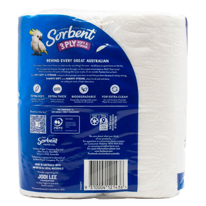 Sorbent Toilet Tissue 3 Ply Soft & Strong PK4 180 Sheets (4 Pack)