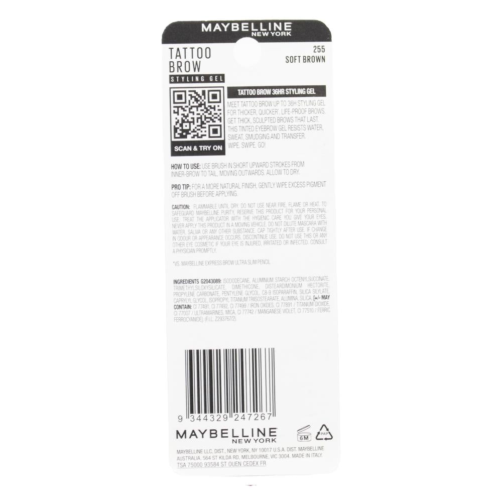 MAYBELLINE 6mL TATTOO BROW STYLING GEL SOFT BROWN 255 (4x Pack)