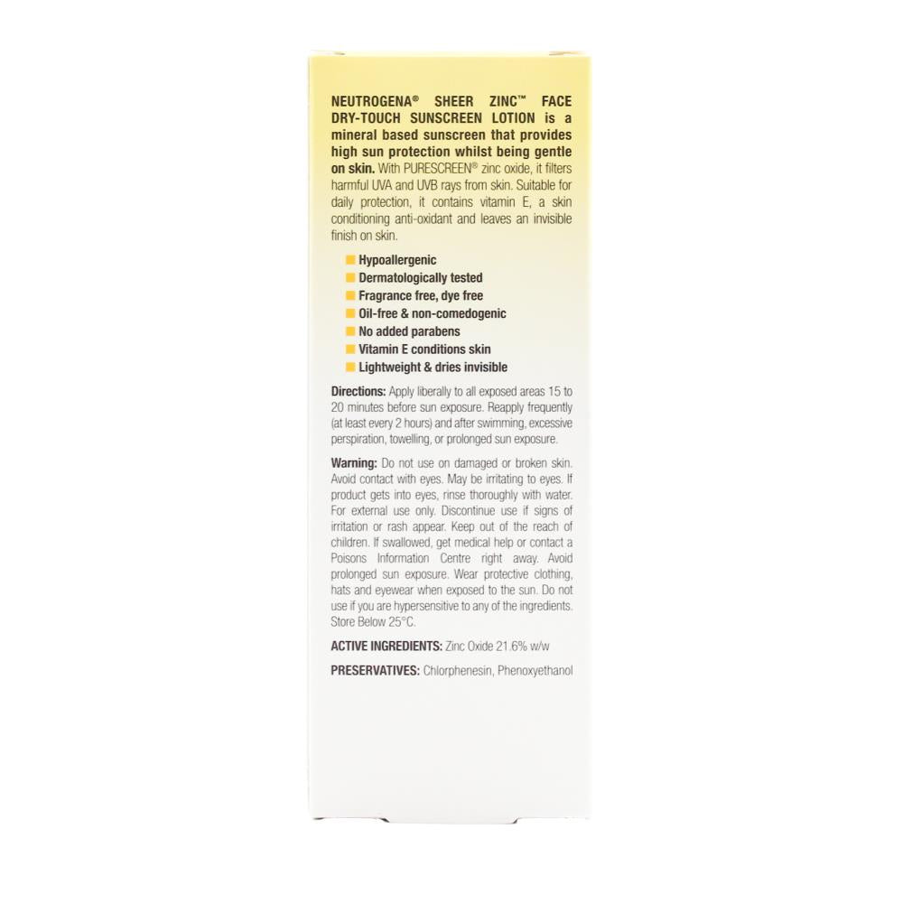 NEUTROGENA 59ml SUNSCREEN LOTION SHEER ZINC FOR FACE SPF 50DRY TOUCH (12x Pack)