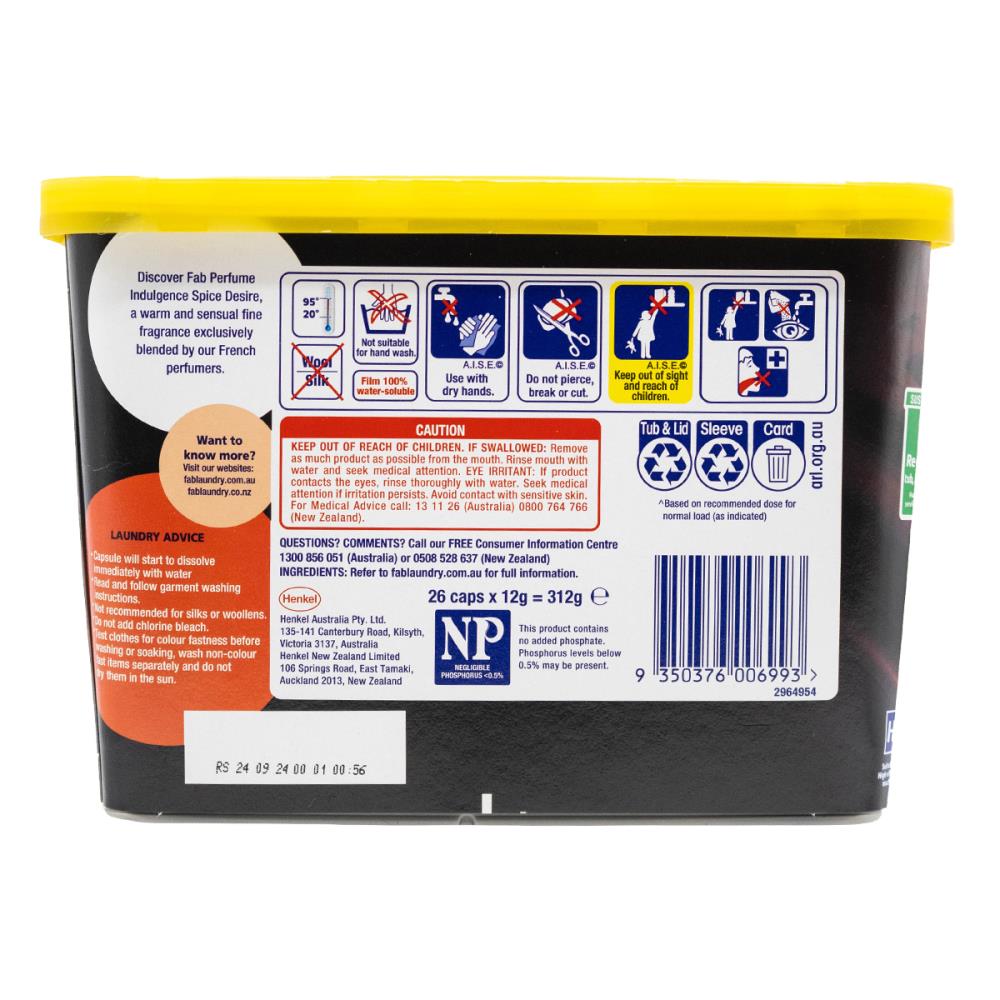 Fab 312g Laundry Capsules Front And Top Loader Perfume Indulgence Spice Desire (8 Pack)