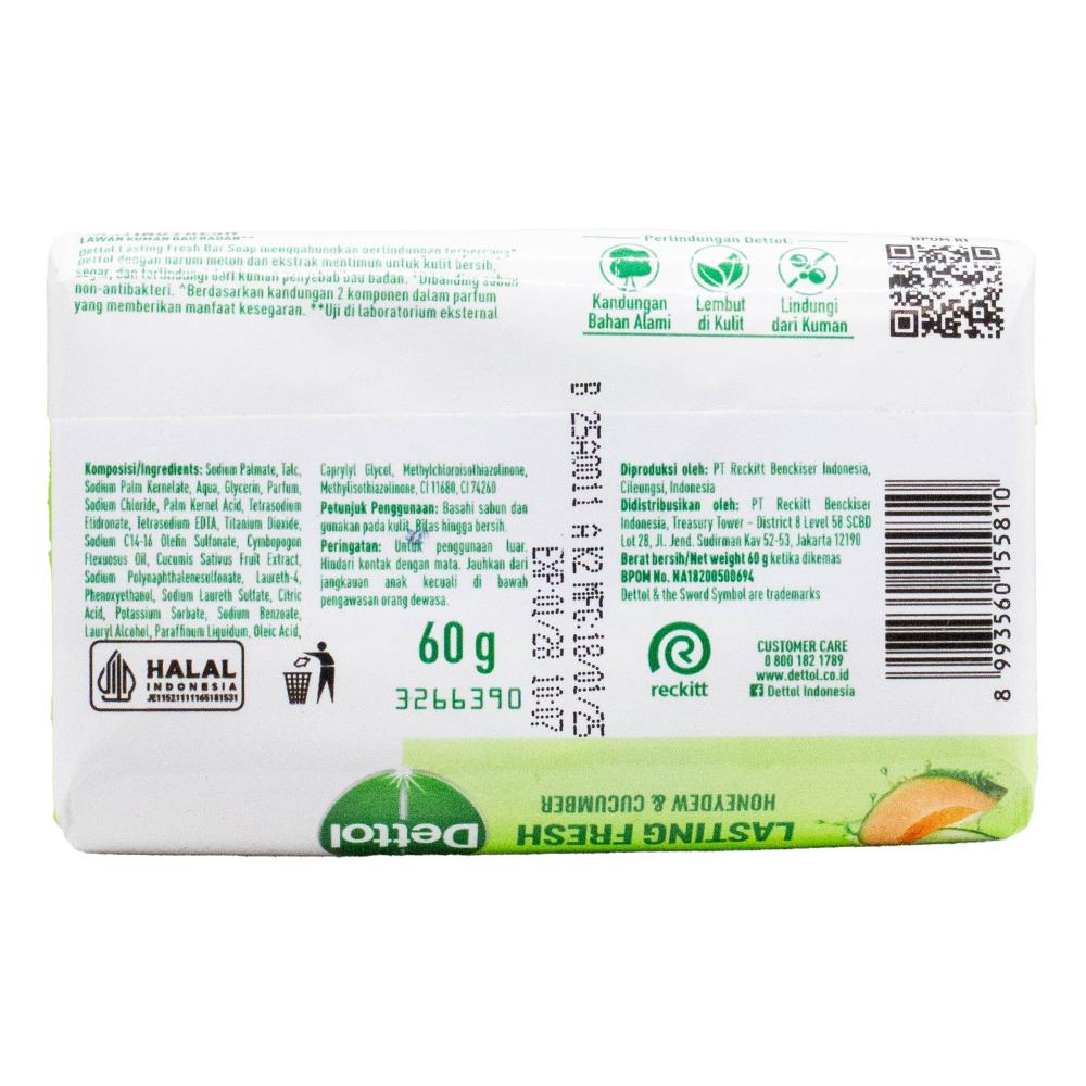 DETTOL 60g SOAP BAR ANTIBACTERIAL LASTING FRESH HONEYDEW AND CUCUMBER (24x Pack)