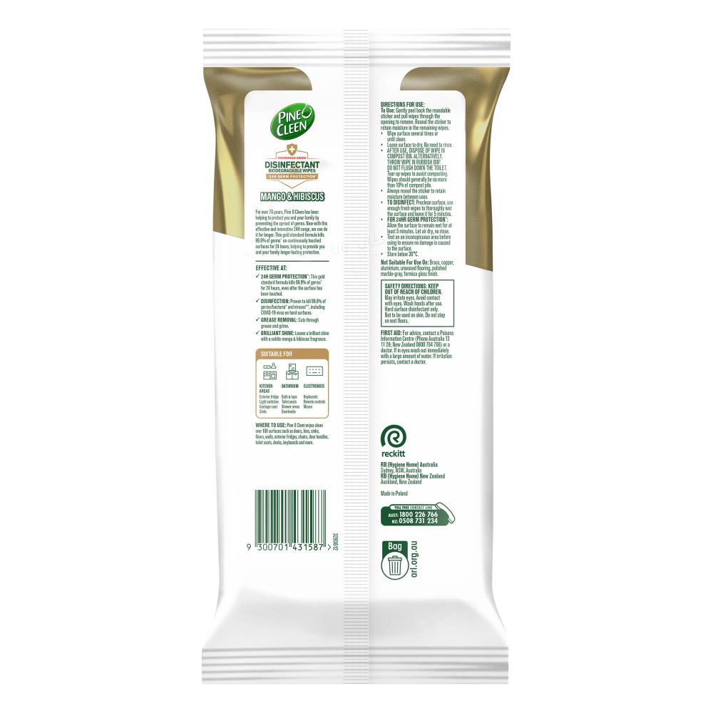 Pine O Clean Household Grade Wipes 24H Germ Protection Mango & Hibiscus (4 Pack, PK126)