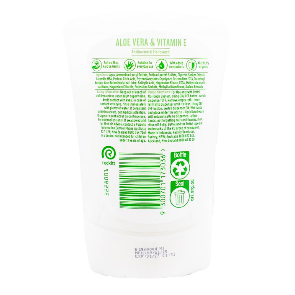 DETTOL 250mL HANDWASH ANTIBACTERIAL NO TOUCH REFILL ALOE VERA AND VITAMIN E (4x Pack)
