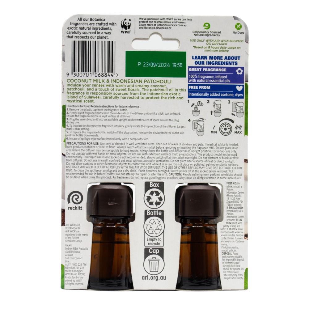 AIR WICK PK2 X 19mL FRAGRANCE REFILLS BOTANICA COCONUT MILK AND INDONESIAN PATCHOULI (5 x Pack)