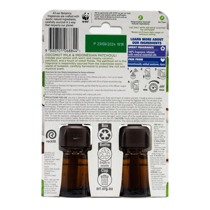 AIR WICK PK2 X 19mL FRAGRANCE REFILLS BOTANICA COCONUT MILK AND INDONESIAN PATCHOULI (5 x Pack)