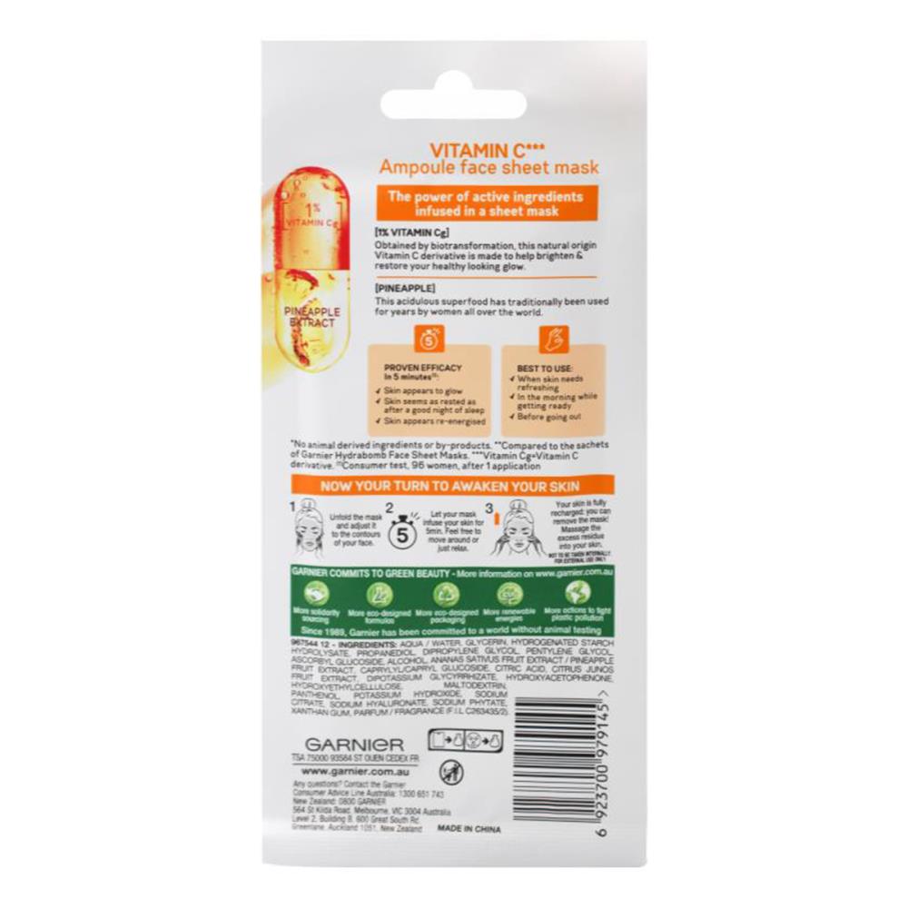 Garnier 15g Skin Active Vitamin C Ampoule Face Mask Pineapple Extract (20x Pack)