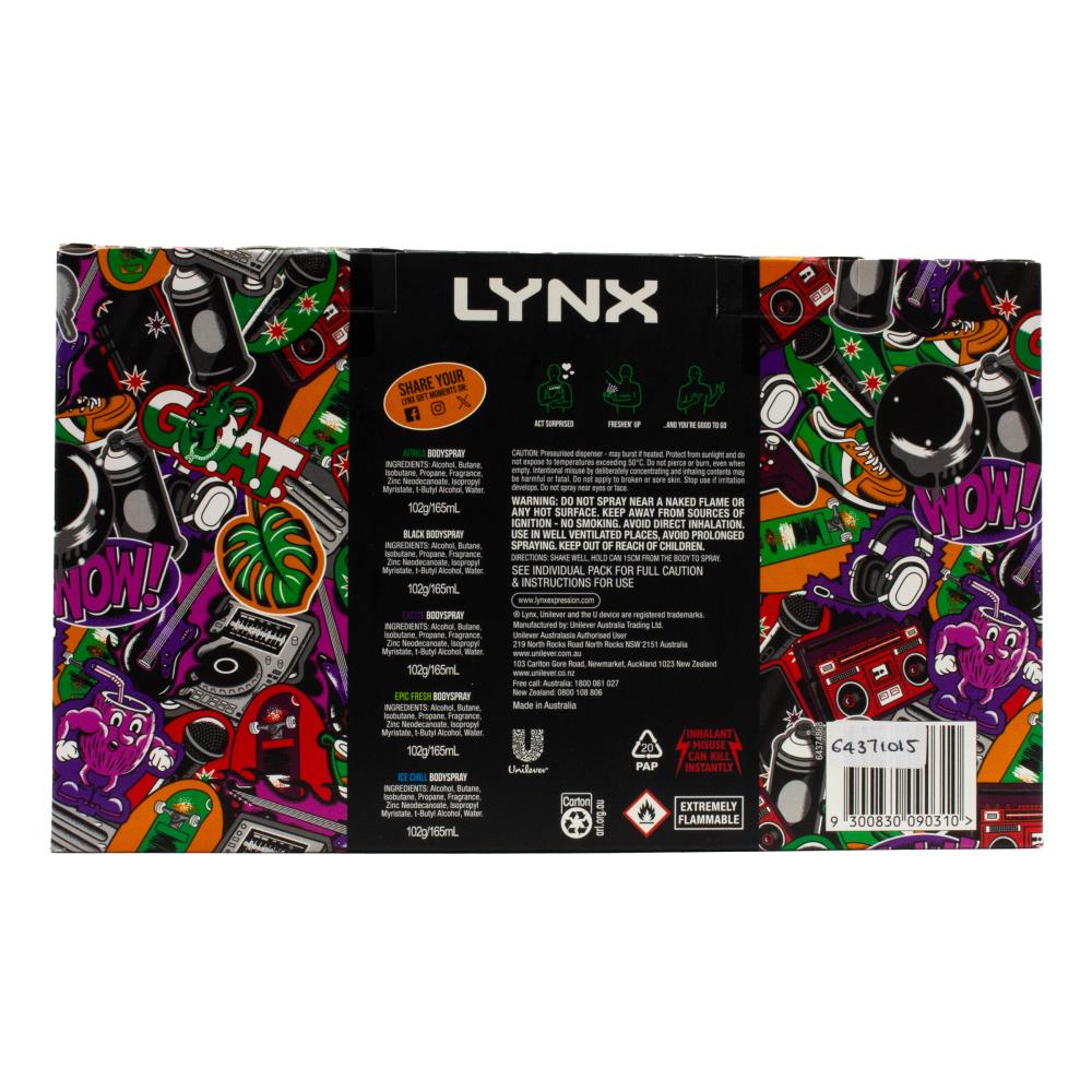 Lynx Pk5 Gift Set Game On Collection 102g / 165ml Bodyspray X1 Africa X1 Black X1 Excite X1 Epic Fresh X1 Ice Chill (6x Pack)