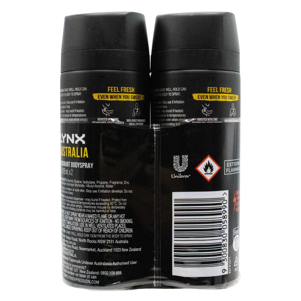 LYNX PK2 x 102g / 165mL DEODORANT BODY SPRAY 100% FRESH FRAGRANCE 48H ODOUR PROTECTION AUSTRALIA (24 Value Pack)