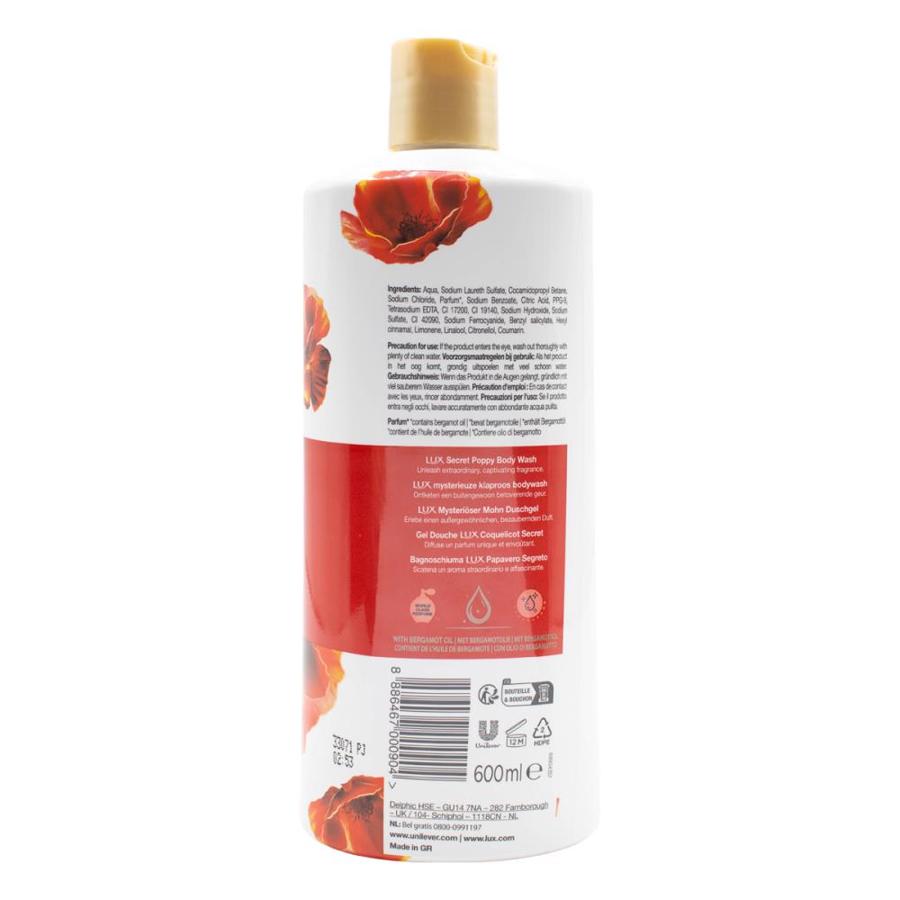 Lux Body Wash Secret Poppy With Bergamot Oil 600ml (12x Pack)