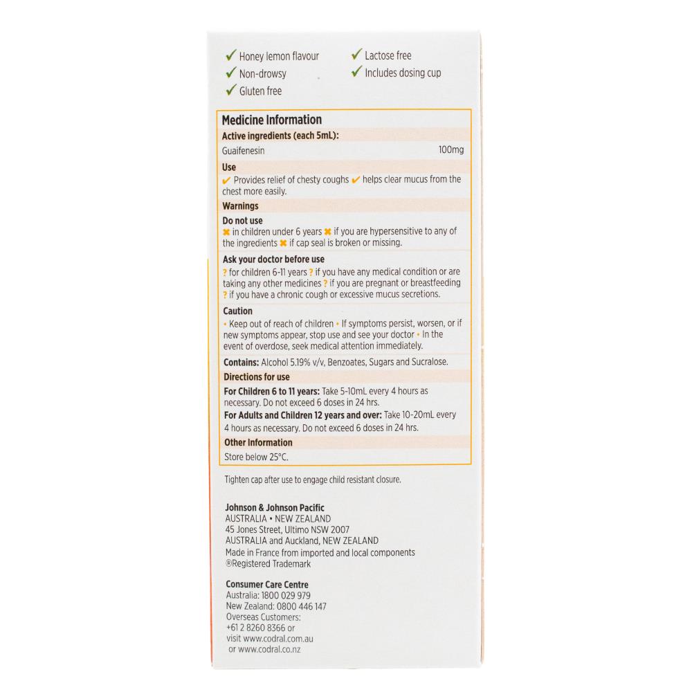CODRAL 150mL ORAL LIQUID FOR MUCUS COUGH GUAIFENSIN 100mg / 5mL (24x Pack)