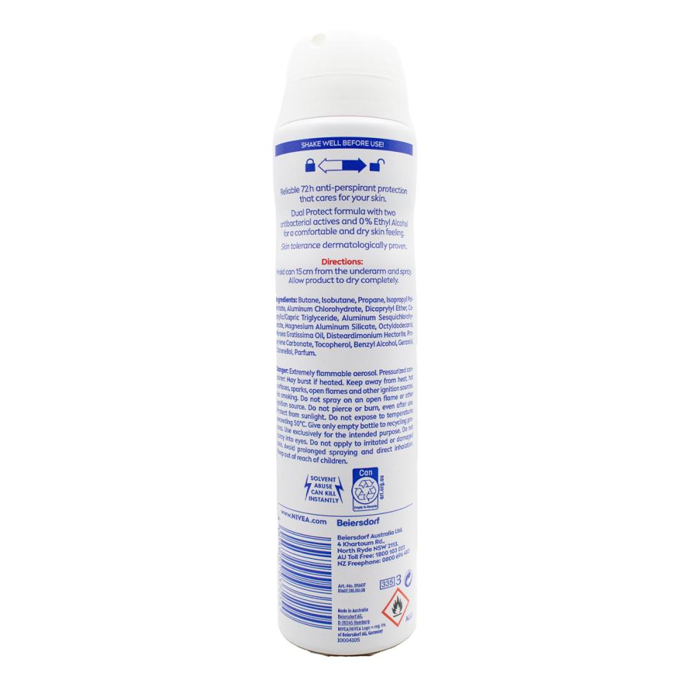 NIVEA 250mL / 151g ANTIPERSPIRANT INTENSE PROTECTION COMFORT 72H DUAL PROTECT ANTIBACTERIAL (6x Pack)