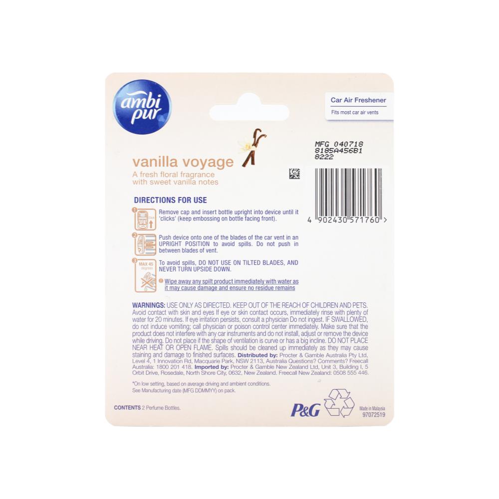 Ambi Pur Car Air Freshener Premium Clip Vanilla Voyage 7.5mL (2 Pack x 6)