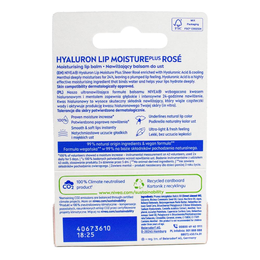 NIVEA 5.2g LIP MOISTURE PLUS HYALURON SHEER ROSE (12x Pack)