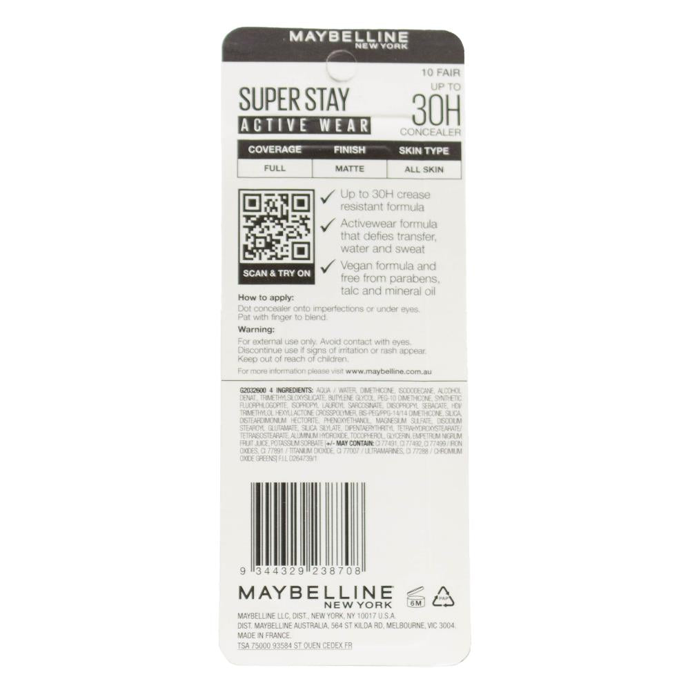 MAYBELLINE CONCEALER SUPER STAY ACTIVE WEAR FAIR 10 10ml (4x Pack)