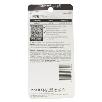MAYBELLINE 30mL FOUNDATION FIT ME MEDIUM COVERAGE MATTE FINISH FAIR IVORY 105 (4 x Pack)