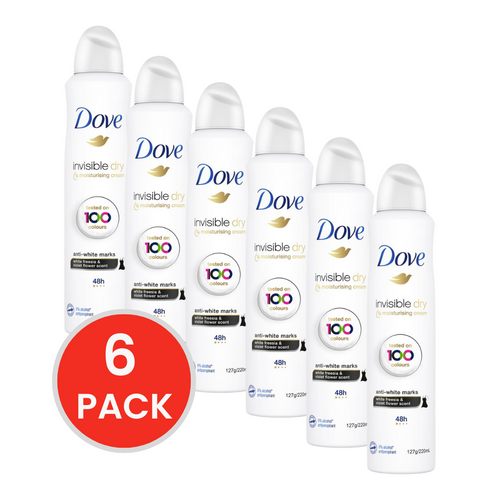 DOVE 127g / 220ml ANTIPERSPIRANT INVISIBLE DRY ANTI WHITE MARKS WHITE FREESIA AND VIOLET FLOWER SCENT (6 x Pack)
