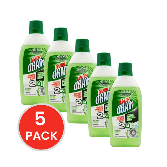 EASY OFF DRAIN 2 IN 1 POWERS THROUGH CLOGS WITH NATURAL EUCALYPTUS 500ml (5x Pack)