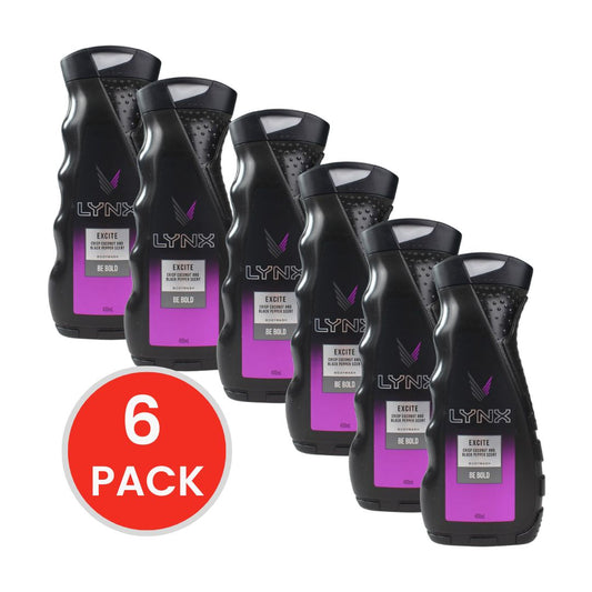 LYNX BODY WASH EXCITE CRISP COCONUT & BLACK PEPER SCENT 400ml (6x Pack)