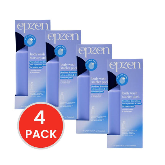 EPZEN BODY WASH STARTER PACK X1 ALUMINIUM REFILL BOTTLE X1 20g SACHET COCONUT CREAM AND VANILLA BEAN (4x Pack)