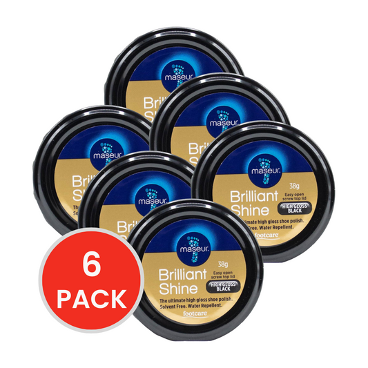 FOOTCARE 38g SHOE POLISH BY MASEUR THE ULTIMATE HIGH GLOSS SHOE POLISH SOLVENT FREE WATER REPELLENT HIGH GLOSS BLACK (6x Pack)