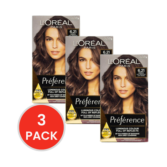 LOREAL PARIS HAIR DYE PREFERENCE LUMINOUS COLOUR ZURICH COOL IRIDESCENT LIGHT BROWN 6.21 (3x Pack)