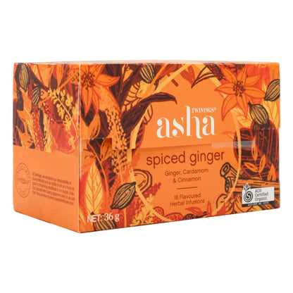 TWININGS PK18 x 36g ASHA SPICED GINGER CARDAMOM & CINNAMON FLAVOURED HERBAL INFUSIONS (6x pack)
