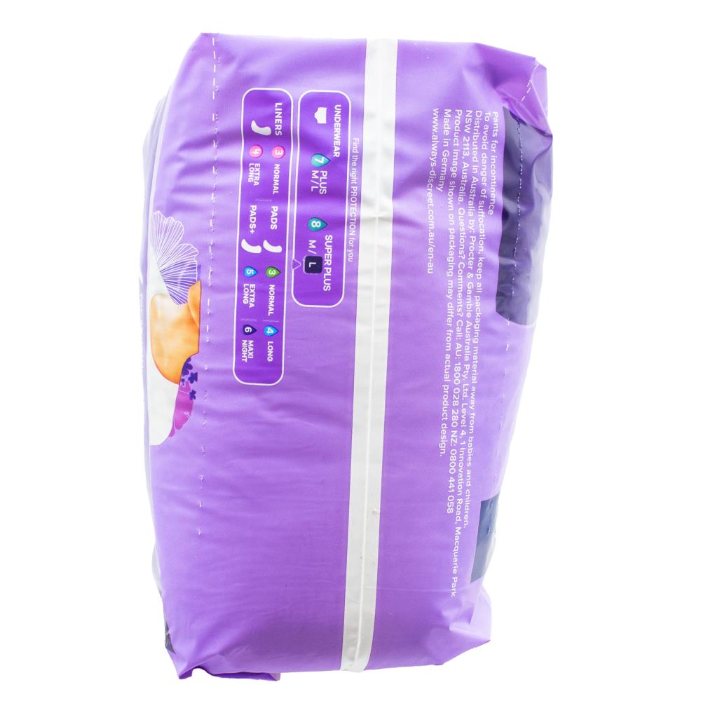 Always Pants Discreet Night for Sensitive Bladder 3 in 1 Odour Control Dryness and Comfort Super Plus L 16-22 95-125cm 70-100cm 2 X 8pk (Value Pack 16)
