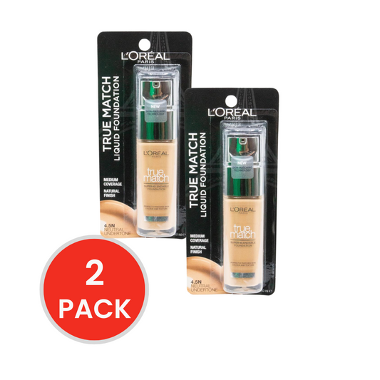 LOREAL 30mL FOUNDATION TRUE MATCH MEDIUM COVERAGE NEUTRAL UNDERTONE 4.5N CARDED (2x Pack)
