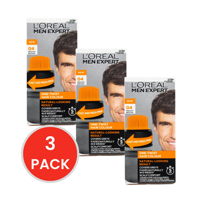 LOREAL MEN EXPERT ONE TWIST HAIR COLOUR 04 MEDIUM BROWN (3x Pack)