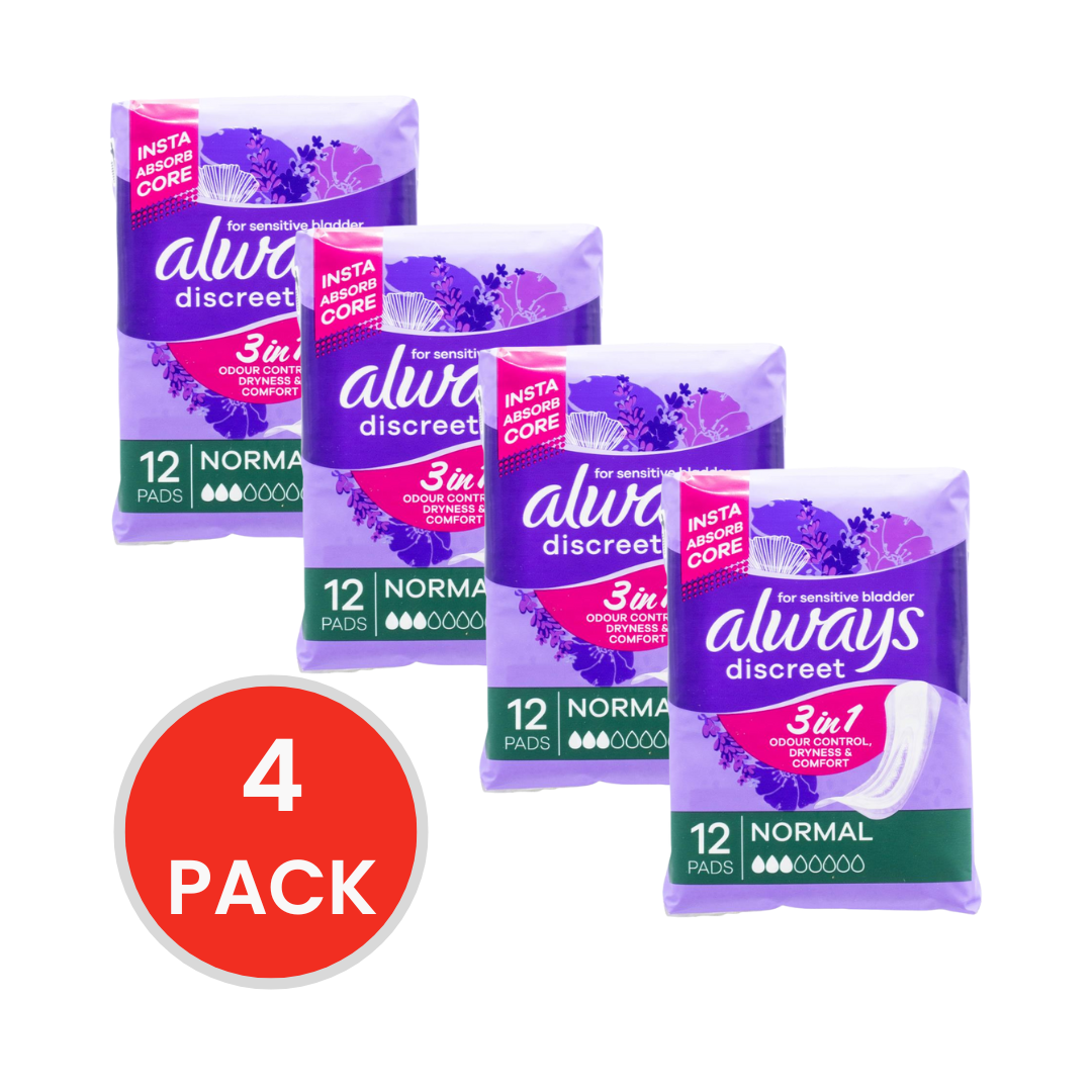 Always Pads Discreet for Sensitive Bladder 3 in 1 Odour Control Dryness and Comfort Normal 4 X 12pk (Value Pack 48)