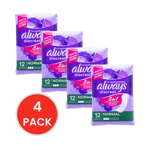 Always Pads Discreet for Sensitive Bladder 3 in 1 Odour Control Dryness and Comfort Normal 4 X 12pk (Value Pack 48)