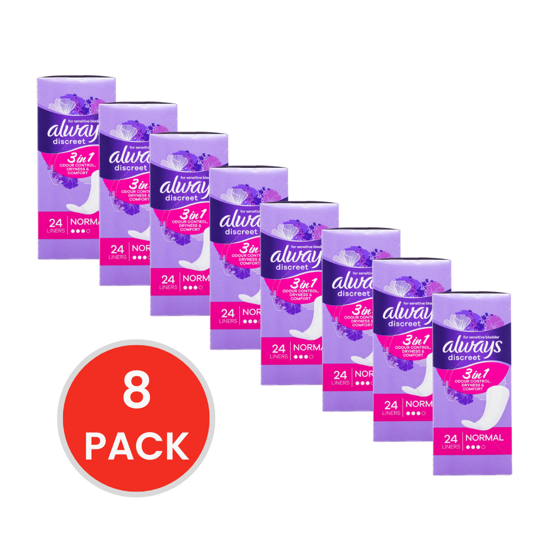 Always Liners Discreet for Sensitive Bladder 3 in 1 Odour Control Dryness and Comfort Normal 8 X 24pk (Value Pack 192)