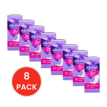Always Liners Discreet for Sensitive Bladder 3 in 1 Odour Control Dryness and Comfort Normal 8 X 24pk (Value Pack 192)