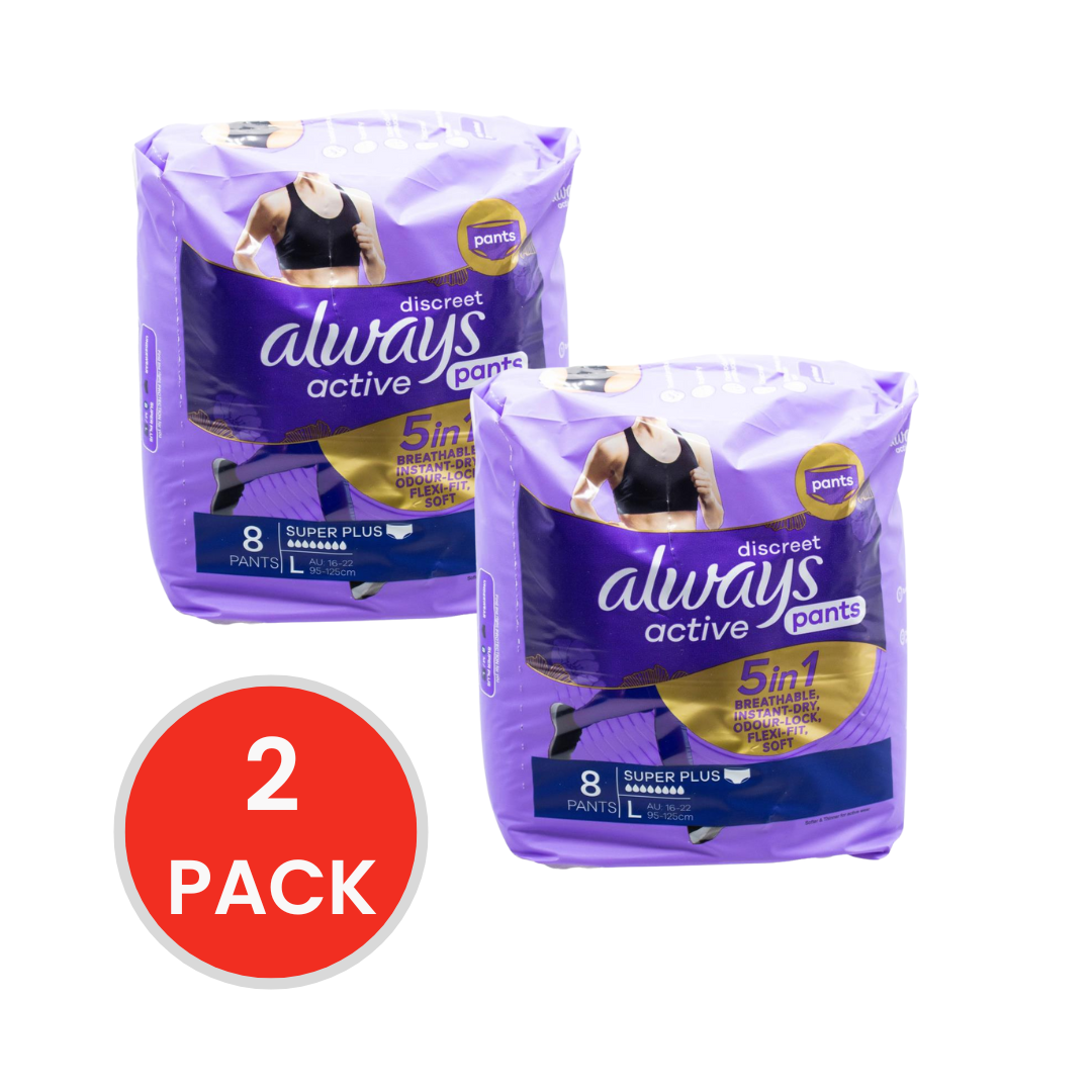 Always Pants Discreet 5 in 1 Breathable Instant Dry Odour Lock Flexi Fit Soft Active Super Plus L 16-22 95-125cm 2 X 8pk (Value Pack 16)