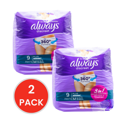 Always Pants Discreet for Sensitive Bladder 3 in 1 Odour Control Dryness and Comfort Plus M 10-16 70-100cm 2 X 9pk (Value Pack 18)