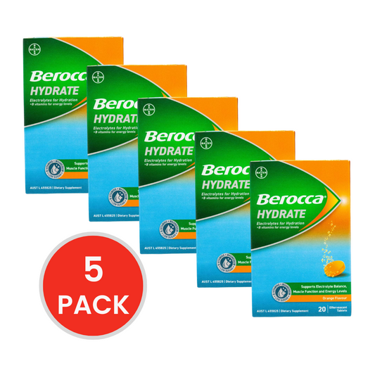BEROCCA PK20 EFFERVESCENT TABLETS ELECTROLYTES FOR HYDRATION B VITAMINS FOR ENERGY LEVELS HYDRATE ORANGE FLAVOUR (5x Pack)