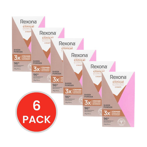 REXONA 48g / 45mL ANTIPERSPIRANT DEODORANT CLINICAL PROTECTION CREAM 96H 3X STRONGER SHEER POWDER (6x Pack)