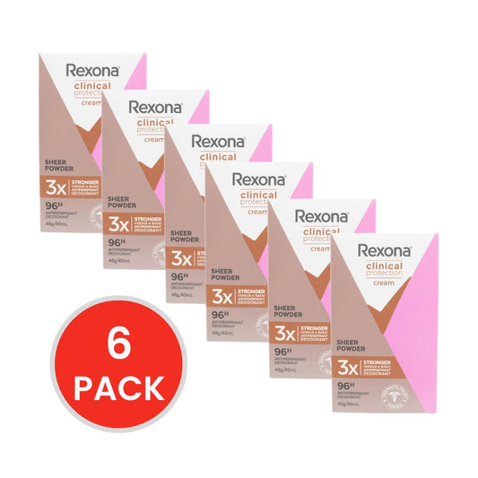 REXONA 48g / 45mL ANTIPERSPIRANT DEODORANT CLINICAL PROTECTION CREAM 96H 3X STRONGER SHEER POWDER (6x Pack)