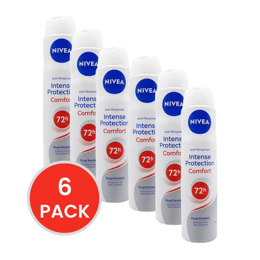 NIVEA 250mL / 151g ANTIPERSPIRANT INTENSE PROTECTION COMFORT 72H DUAL PROTECT ANTIBACTERIAL (6x Pack)