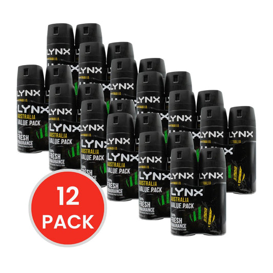 LYNX PK2 x 102g / 165mL DEODORANT BODY SPRAY 100% FRESH FRAGRANCE 48H ODOUR PROTECTION AUSTRALIA (24 Value Pack)