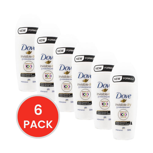 DOVE 50mL ANTIPERSPIRANT INVISIBLE DRY 1/4 MOISTURISING CREAM 48H WHITE FREESIA AND VIOLET FLOWER SCENT (6x Pack)