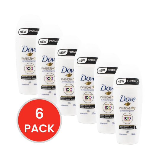 DOVE 50mL ANTIPERSPIRANT INVISIBLE DRY 1/4 MOISTURISING CREAM 48H WHITE FREESIA AND VIOLET FLOWER SCENT (6x Pack)
