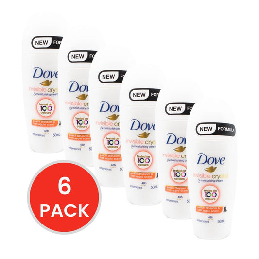 DOVE 50mL ANTIPERSPIRANT INVISIBLE CRYSTAL 1/4 MOISTURISING CREAM 48H PEACH BLOSSOM AND LUSH APPLE SCENT (6x Pack)