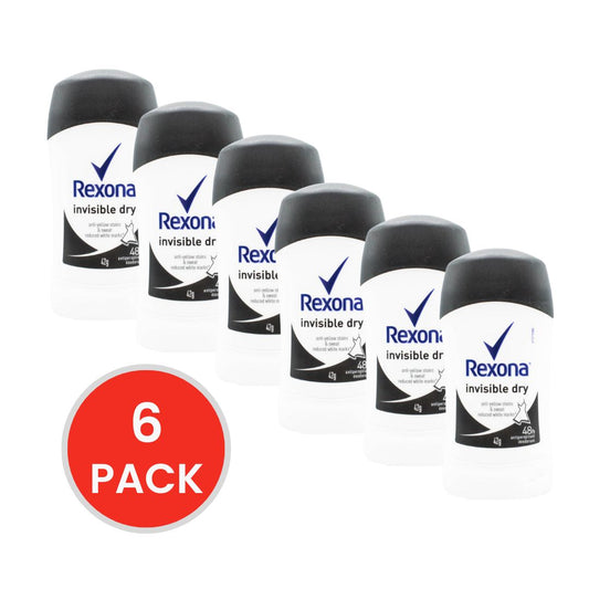 REXONA 42g ANTIPERSPIRANT 48H ANTI YELLOW STAINS AND SWEAT REDUCED WHITE MARKS INVISIBLE DRY (6x Pack)