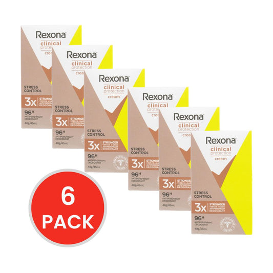 REXONA 48g / 45mL ANTIPERSPIRANT DEODORANT CLINICAL PROTECTION CREAM 96H 3X STRONGER STRESS CONTROL (6x Pack)